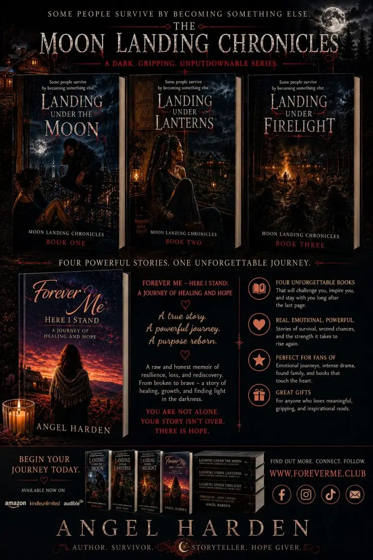 Promotional poster for author Angel Harden featuring four books. Across the top are the first three novels in *The Moon Landing Chronicles*—*Landing Under the Moon*, *Landing Under Lanterns*, and *Landing Under Firelight*—displayed against a dark, moonlit forest with warm lantern light. The series is described as a dark, gripping supernatural saga. The lower half highlights the memoir *Forever Me – Here I Stand: A Journey of Healing and Hope*, with the message: “A true story. A powerful journey. A purpose reborn.” It describes the memoir as a raw and honest account of resilience, loss, healing, growth, and rediscovery, ending with the words: “You are not alone. Your story isn’t over. There is hope.” A sidebar promotes “Four unforgettable books” with themes of survival, second chances, found family, emotional journeys, and meaningful storytelling. Along the bottom are images of all four books, Amazon, Kindle Unlimited, and Audible availability, the website **[www.foreverme.club](http://www.foreverme.club)**, social media icons, and the author's name, **Angel Harden**, with the tagline: **Author. Survivor. Storyteller. Hope Giver.**